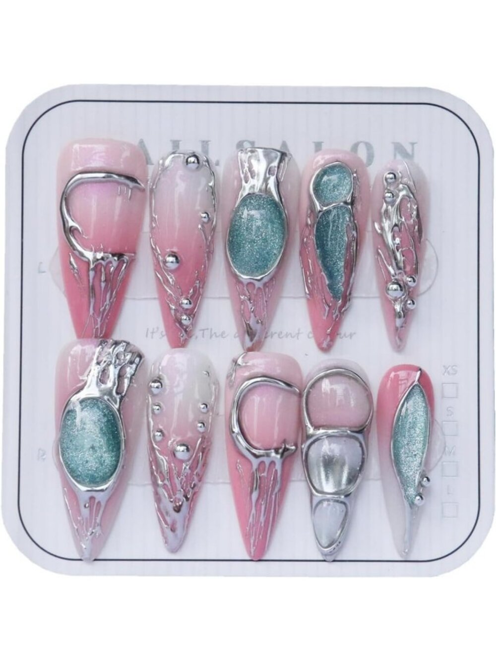 Luxury Pink Gradient Press-On Nails with Green Glitter, 3D Stiletto Design